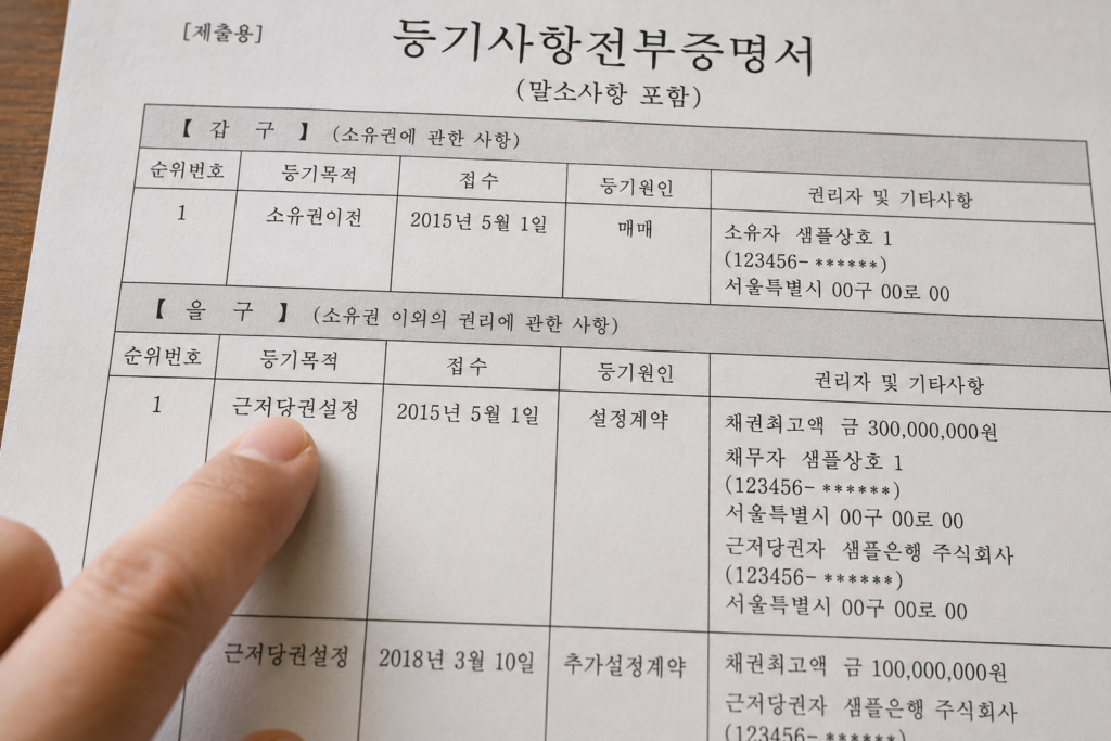근저당 설정 매매 시 등기부등본 을구에 나타나는 근저당권 설정 내역