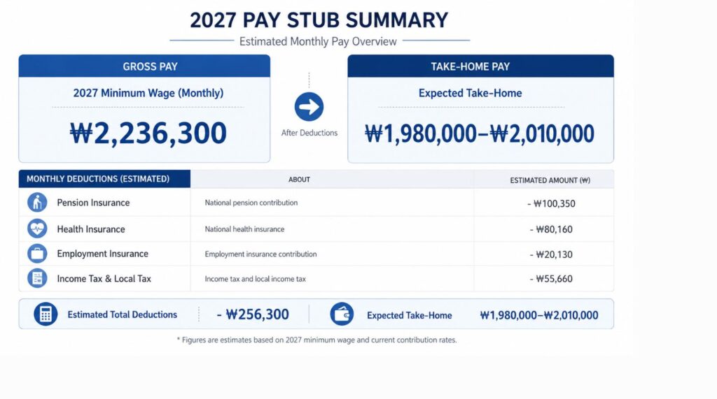 2027년 최저임금 월급 223만6300원과 예상 실수령액을 비교한 급여명세서 요약 이미지