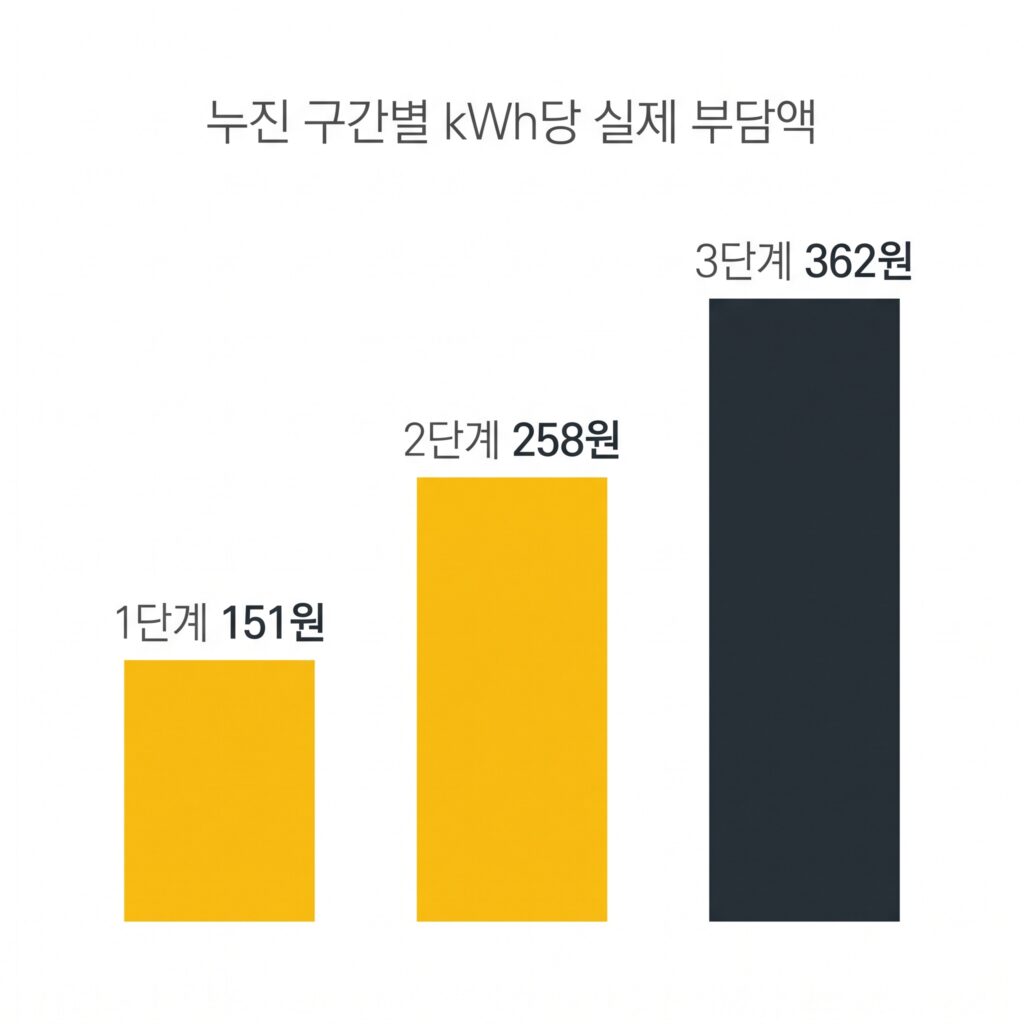주택용 전기요금 누진 구간별 kWh당 부담액 비교 