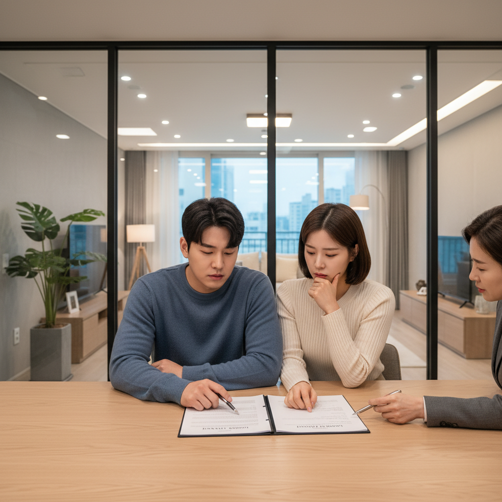 계약서에 서명하는 세 사람