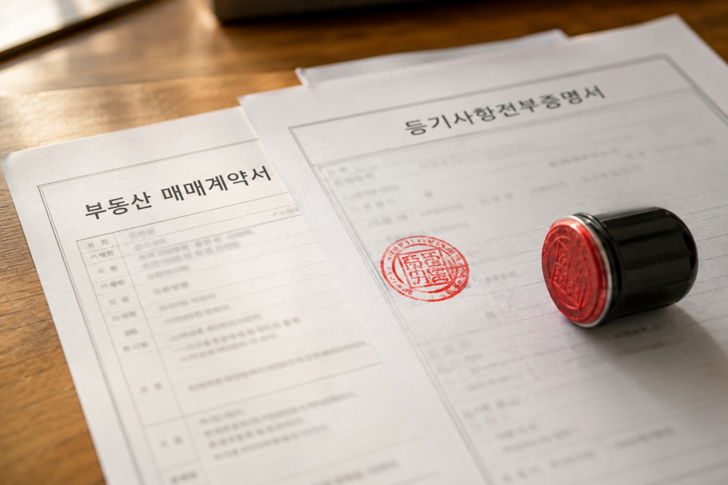 아파트 매매 계약서와 등기부등본 위에 놓인 도장 — 근저당 설정 매매 계약 이미지