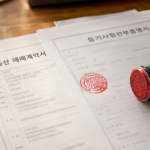 아파트 매매 계약서와 등기부등본 위에 놓인 도장 — 근저당 설정 매매 계약 이미지