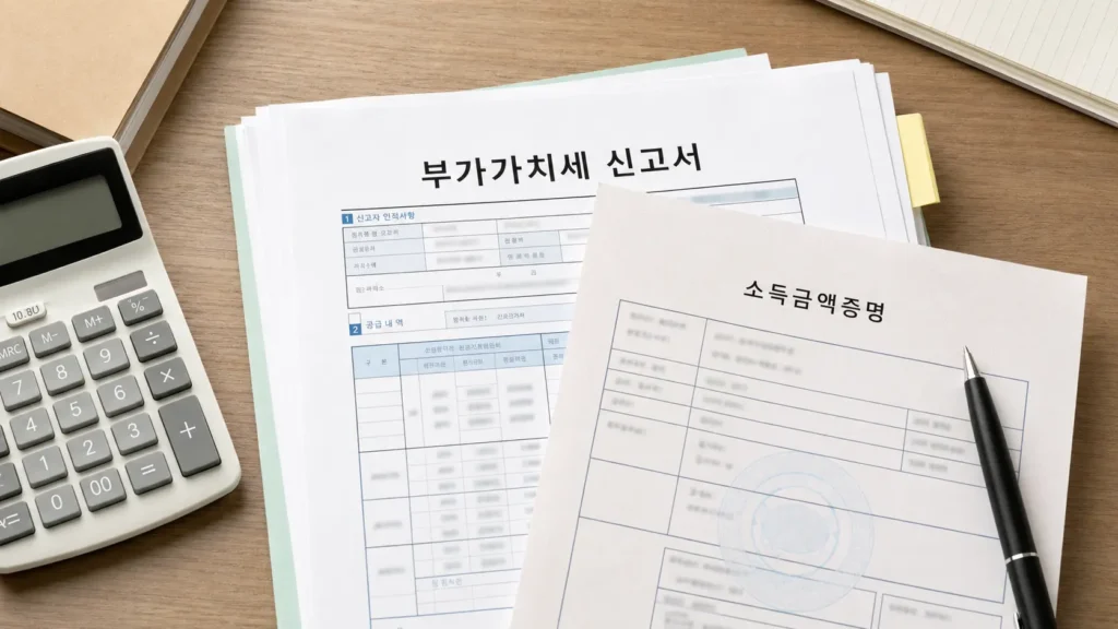 부가세 신고 자료와 소득금액증명 서류 더미