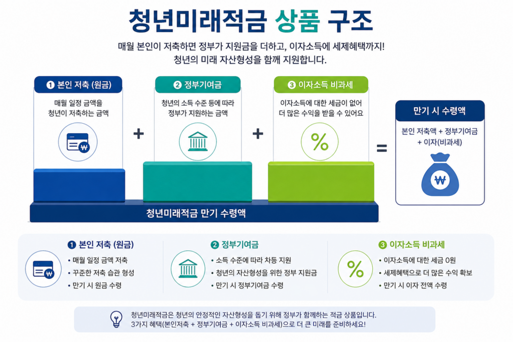 청년미래적금 만기수령액 구조를 보여주는 상품 구조 도식 - 본인 저축, 정부기여금, 이자소득 비과세
