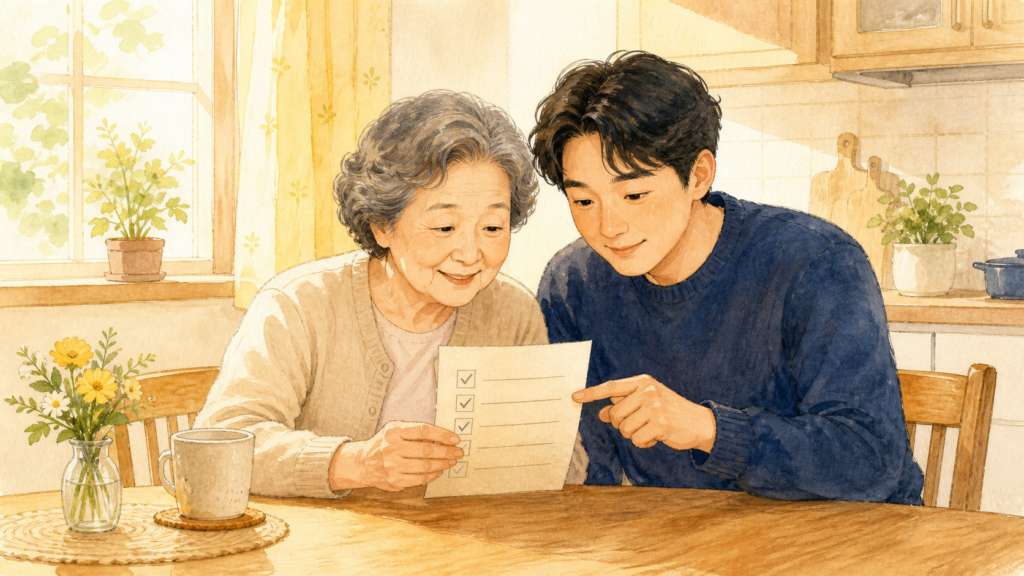부모님 변비 개선을 위해 식탁에서 체크리스트를 함께 점검하는 모습