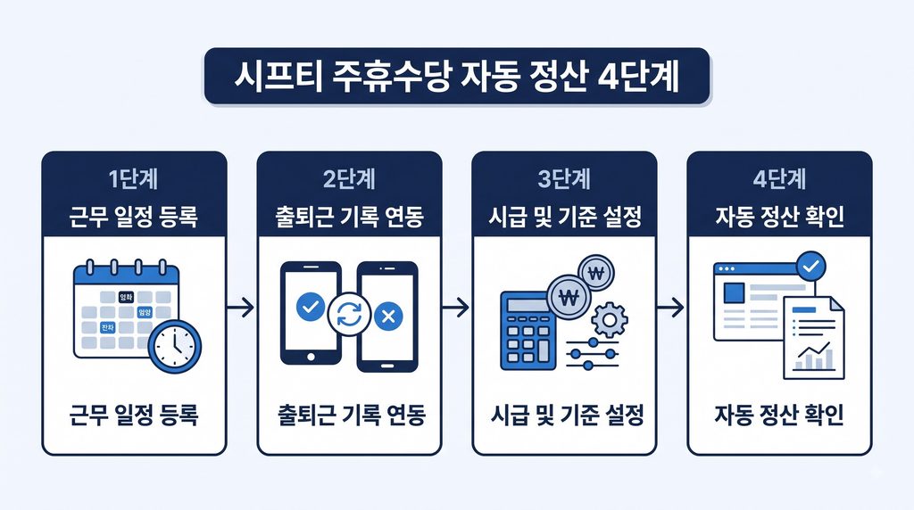 시프티 주휴수당 자동 정산 4단계 - 근무 일정 등록, 출퇴근 기록 연동, 시급 및 기준 설정, 자동 정산 확인