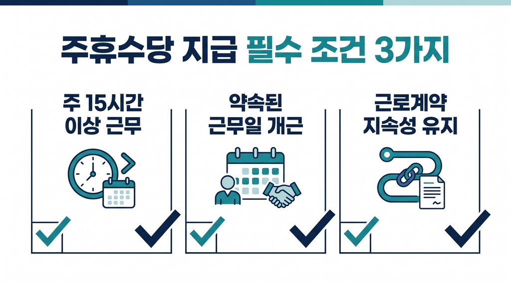 주휴수당 계산기 사용 전 확인할 지급 필수 조건 3가지 - 주 15시간 이상 근무, 약속된 근무일 개근, 근로계약 지속성 유지