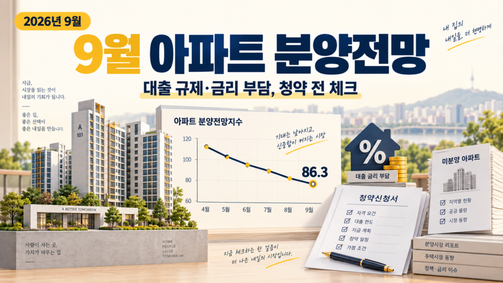 9월 아파트 분양전망지수와 대출 규제, 미분양 전망을 나타낸 이미지