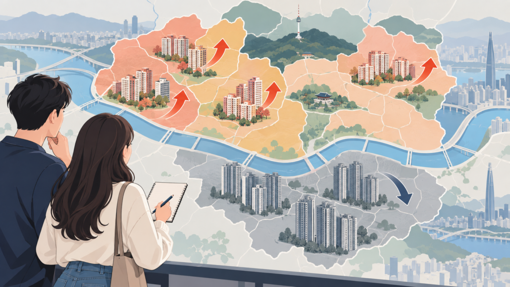 강남은 내리고 비강남 중저가 지역은 오르는 서울 아파트값 키 맞추기 흐름을 표현한 지도 이미지