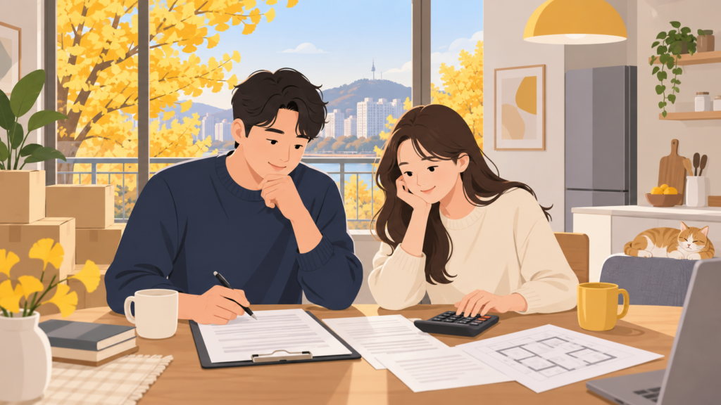 가을 이사철 전세 재계약을 앞두고 계약서를 검토하는 부부 일러스트