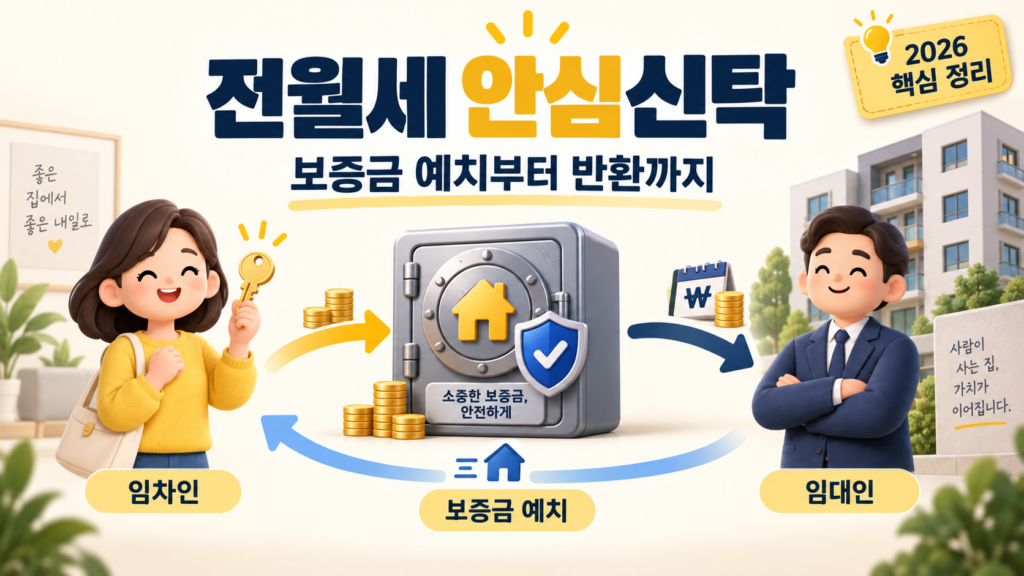 전월세 안심신탁의 임차인 보증금 예치와 임대인 수익 구조를 표현한 안내 이미지