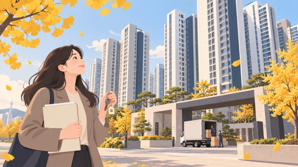 신축 아파트 입주장에서 전세 계약 서류를 들고 단지를 바라보는 세입자 일러스트