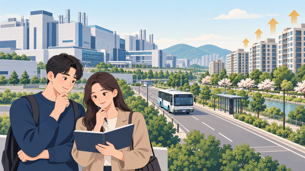 반도체 공장과 인근 아파트 단지, 통근버스를 함께 그린 경기 남부 반도체 벨트 집값 이미지