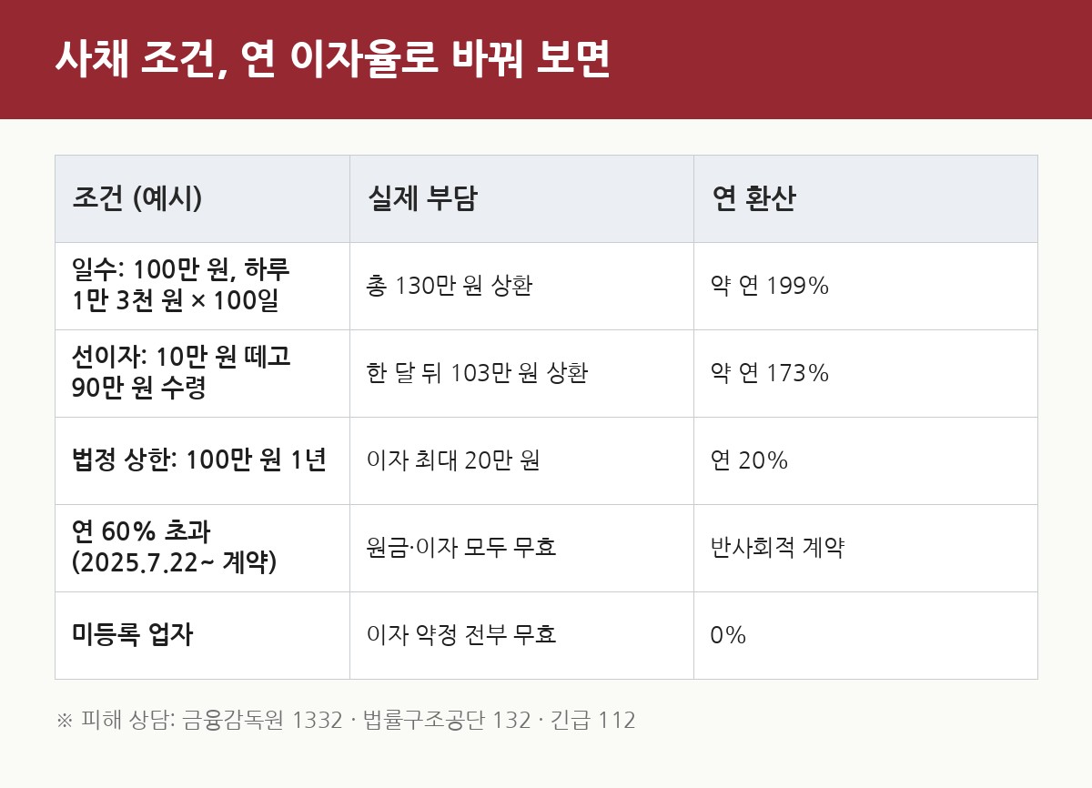 일수 대출과 선이자 조건의 연 환산 이자율과 법정 최고금리 비교표