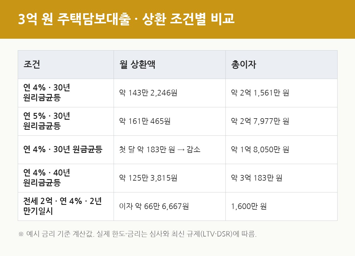 3억 원 주택담보대출 금리와 기간, 상환 방식별 월 상환액과 총이자 비교표