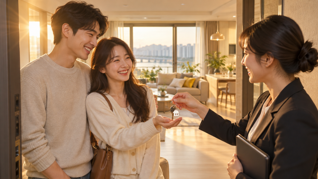 생애최초 주택구입자가 공인중개사에게 집 열쇠를 받는 모습
